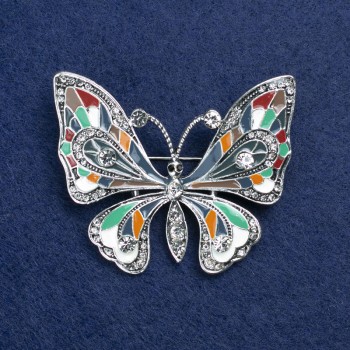 Sale! Butterfly Brooch in silver-toned metal, enamel, and crystals 54x45mm +