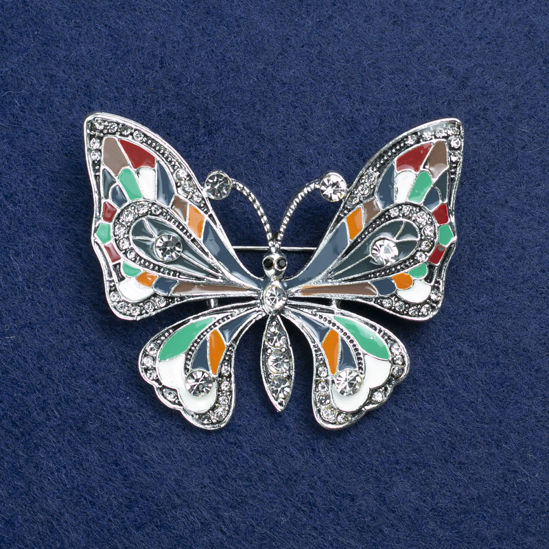 Sale! Butterfly Brooch in silver-toned metal, enamel, and crystals 54x45mm +
