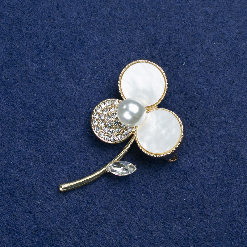Discount! Flower Brooch in Gold-Toned Metal, Mother-of-Pearl, Crystals and Beads 44x27mm +