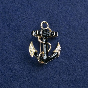 Sale! Anchor Brooch in gold-tone metal, enamel with mother-of-pearl accents and rhinestones 31x26mm +