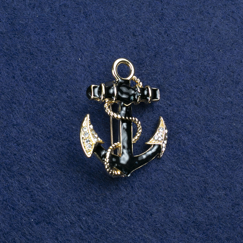 Sale! Anchor Brooch in gold-tone metal, enamel with mother-of-pearl accents and rhinestones 31x26mm +