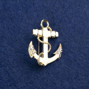 Sale! Anchor Brooch in Gold-Tone Metal, Enamel with Pearl-Like Inclusions and Rhinestones 31x26 mm +