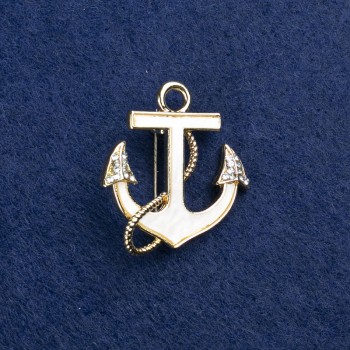 Discount! Anchor Brooch in Gold-Tone Metal, Mother-of-Pearl and Crystals 30x28mm +