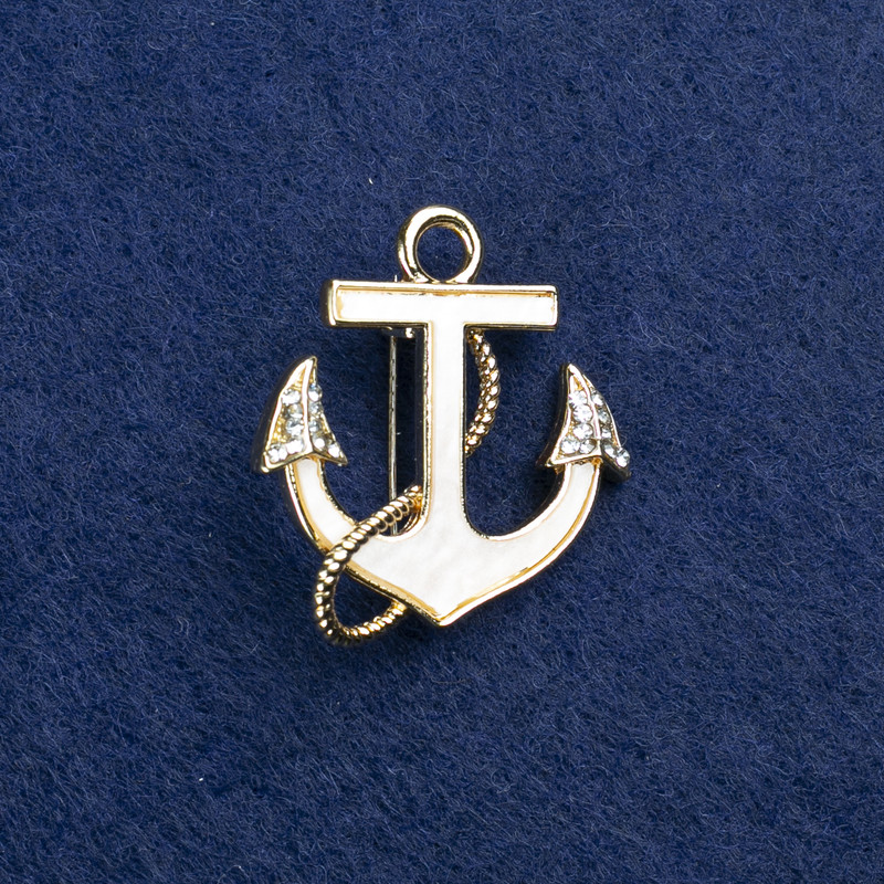 Discount! Anchor Brooch in Gold-Tone Metal, Mother-of-Pearl and Crystals 30x28mm +