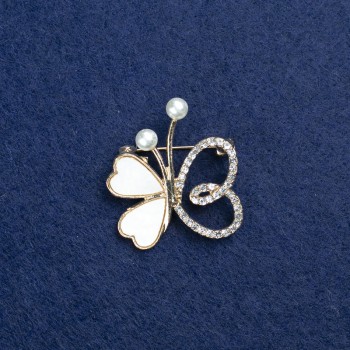 Sale! Gold-tone Butterfly Brooch with Mother-of-Pearl, Beads and Rhinestones 32x30mm +