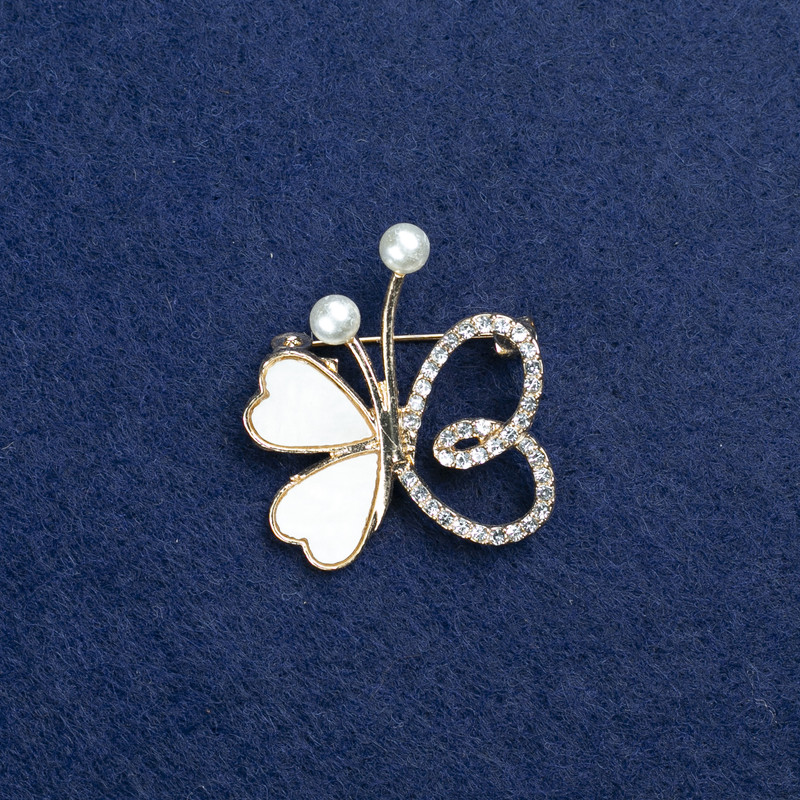 Sale! Gold-tone Butterfly Brooch with Mother-of-Pearl, Beads and Rhinestones 32x30mm +