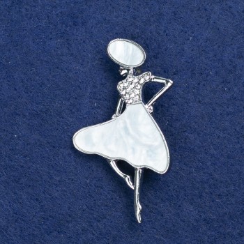 Sale! Brooch: Lady in a Hat, Silvery Metal, Mother-of-Pearl and Crystals, 48x27mm +