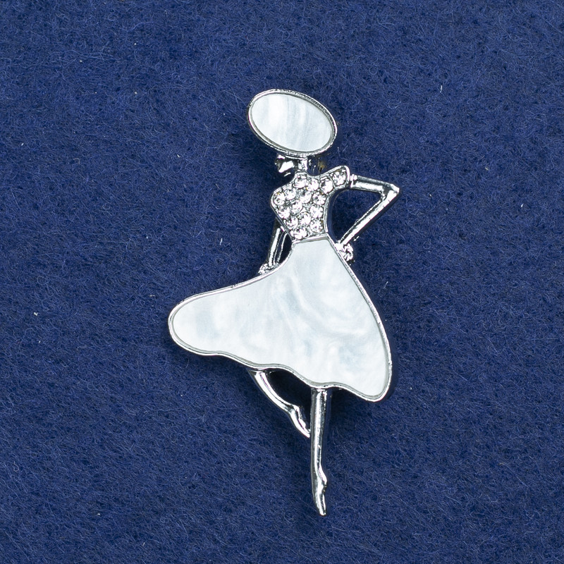 Sale! Brooch: Lady in a Hat, Silvery Metal, Mother-of-Pearl and Crystals, 48x27mm +