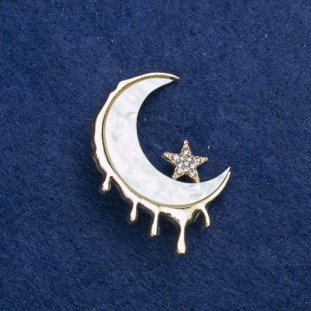 Discount! Moon Brooch, gold-toned metal, mother-of-pearl and rhinestones 38x27mm +