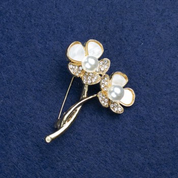 Sale! Flower Brooch with Gold-Tone Metal, Mother-of-Pearl, Crystals and Beads 44×35mm +