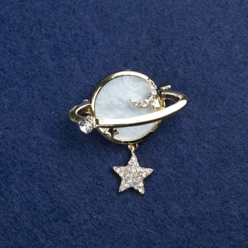 Discount! Planet Brooch with Golden Metal, Mother-of-Pearl and Crystals 36x38mm +