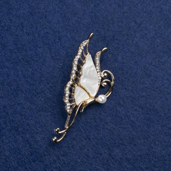 Discount! Butterfly Brooch in gold-toned metal with mother-of-pearl and rhinestones and beadwork 51x24mm +