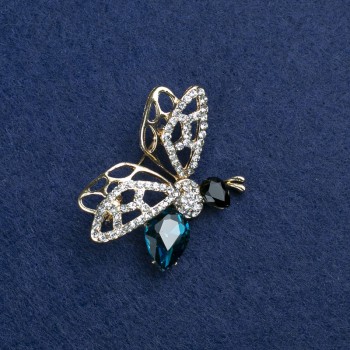 Discount! Butterfly Brooch with golden metal, blue and black crystals, and white rhinestones 41×33mm +