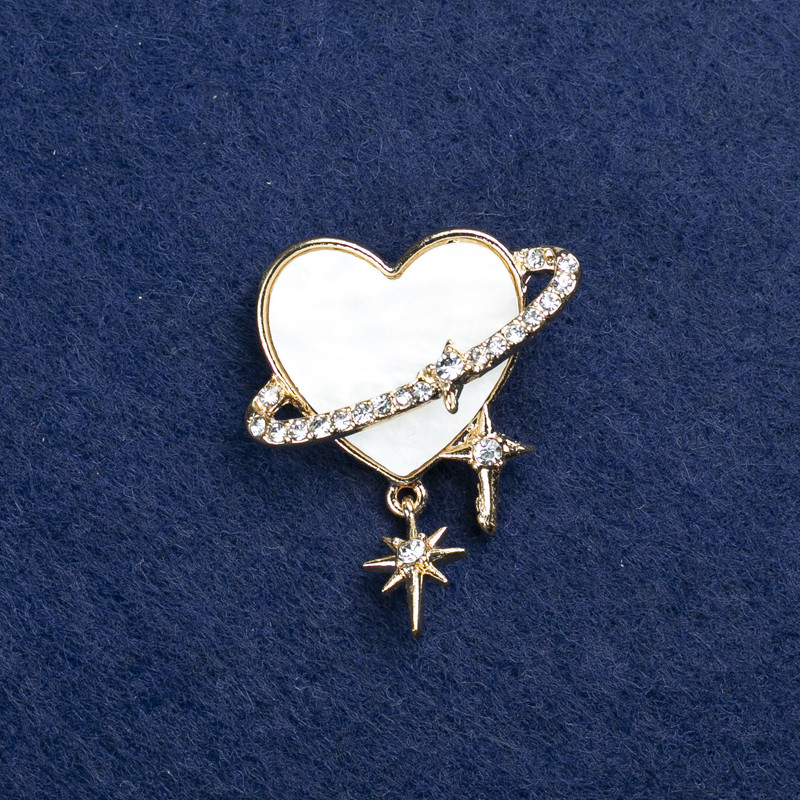 Sale! Heart Brooch, Gold-Tone Metal, Mother-of-Pearl and Crystals, 35x30 mm +