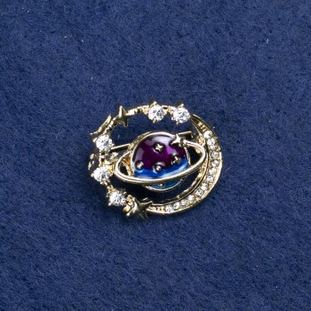 Sale! Planet Brooch in gold-tone metal, enamel, and rhinestones 22x24mm +
