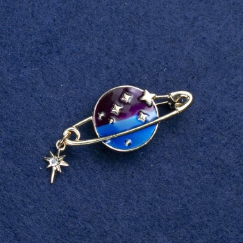 Planet Brooch in gold-tone metal, enamel, and crystals 36x18mm +