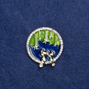 Sale! Planet Brooch in Gold-Tone Metal, Enamel and Crystals, 25mm +