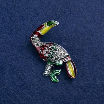 Discount! Toucan Brooch in silvery metal, enamel and crystals 45×40 mm +