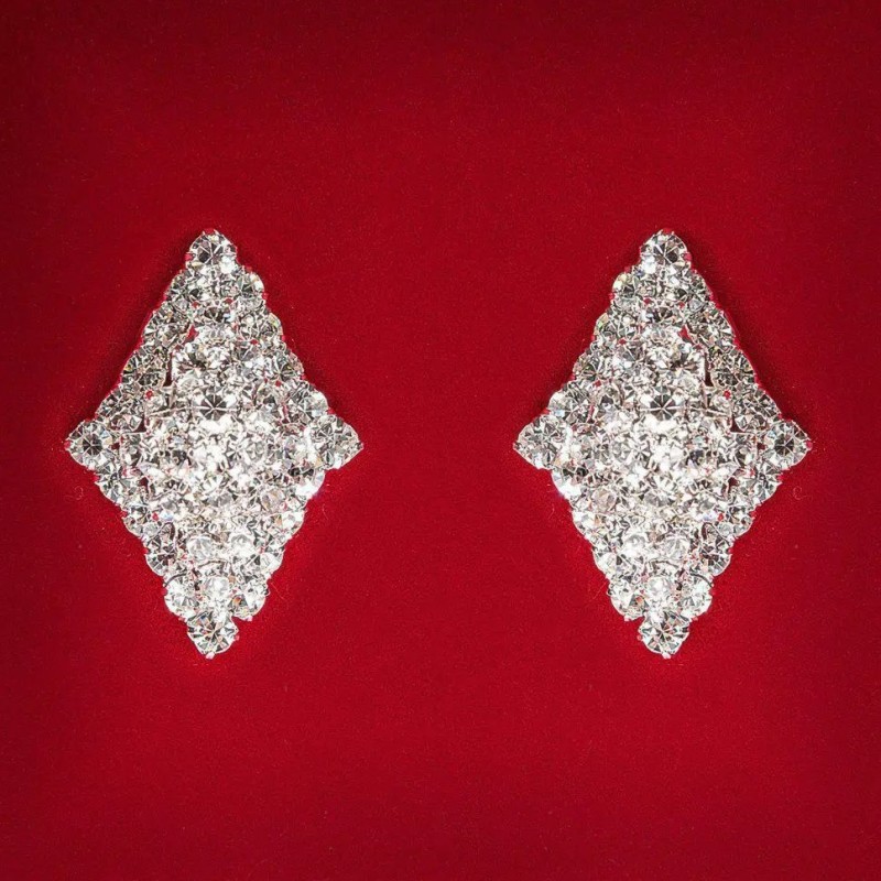 ( 25 mm ) Women's Earrings, White Crystals, Light Metal, Wedding & Evening Studs, Elongated Diamond Shape