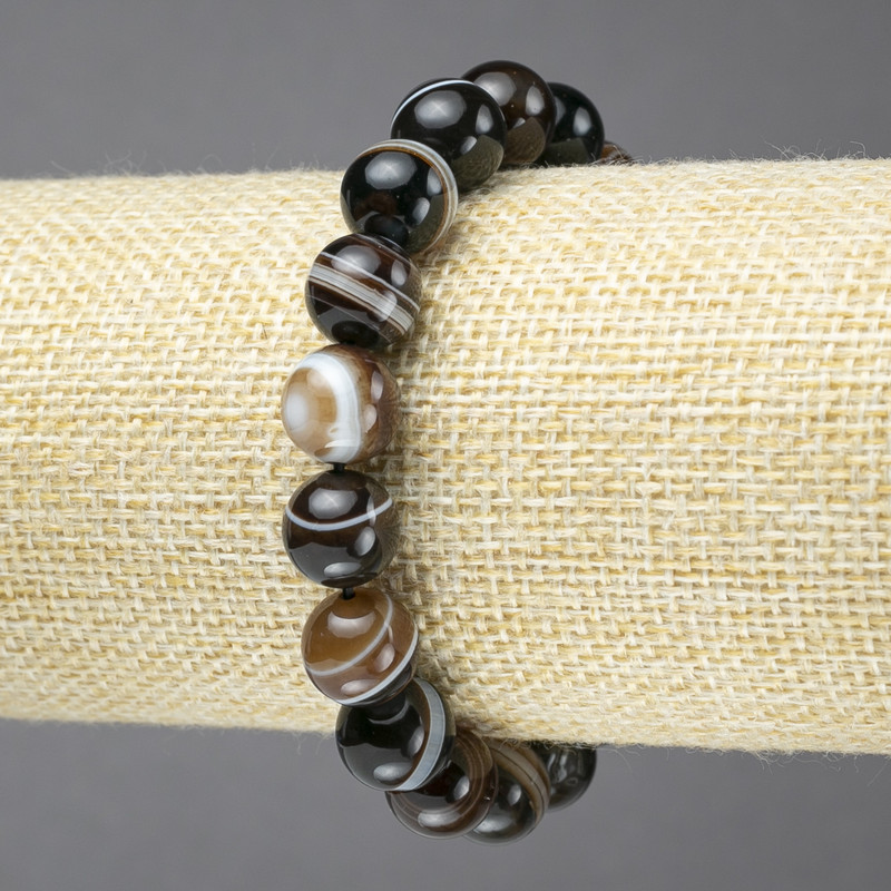 Elastic bracelet with brown eye agate natural stone, smooth beads, 10mm diameter+
