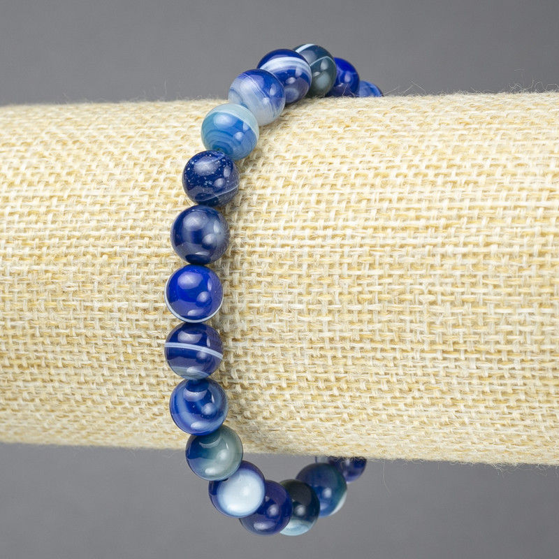 Elastic bracelet with natural blue eye agate, smooth beads, 8 mm diameter+