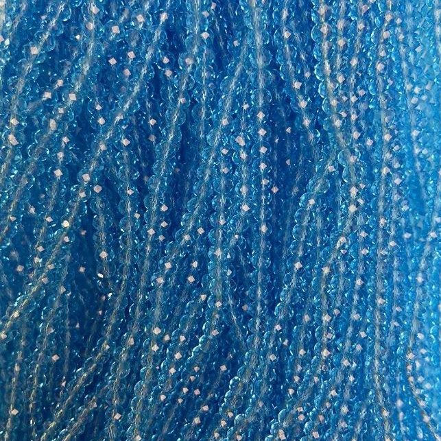 Blue Czech Crystal Beads on Thread, Transparent Blue Faceted Rondel, Diameter 3.5x3 mm + -, Length 33 cm +