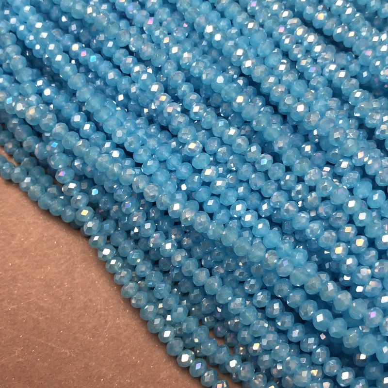 Blue Czech Crystal Beads on Thread - Faceted Rondelle, Diameter 3.5x3 mm, Length 36-38 cm