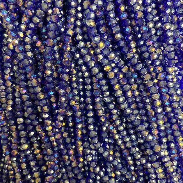 Blue Czech Crystal Beads on Thread with Gasoline Finish, Faceted Rondelle, Diameter 3.5x3 mm, Length 33 cm