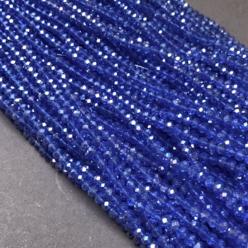 Czech Crystal Beads on Thread, Blue Transparent with Gasoline Sheen, Faceted Rondelle, Diameter 3.5×3 mm, Length 36–38 cm