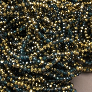 Czech Crystal Beads on Beading Thread, Emerald-Green Transparent Assorted with Coating, Faceted Rondelle, 3.5x3 mm, Length 36-38 cm