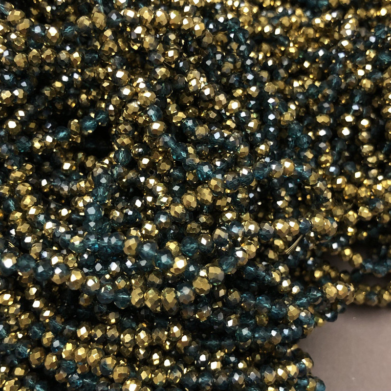 Czech Crystal Beads on Beading Thread, Emerald-Green Transparent Assorted with Coating, Faceted Rondelle, 3.5x3 mm, Length 36-38 cm