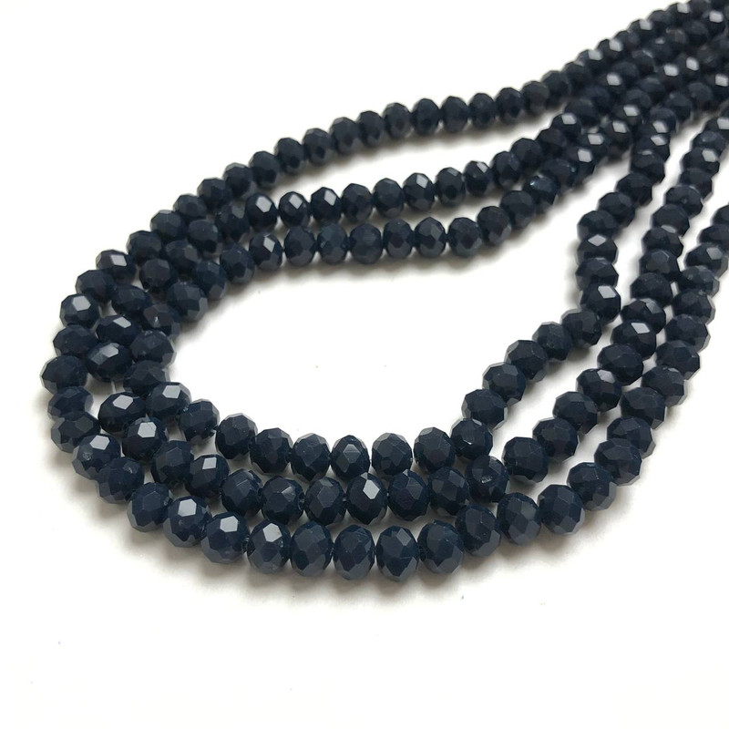 Dark blue Czech crystal beads on beading thread, matte-faceted rondelle, 6x4.5 mm diameter, length 38-40 cm