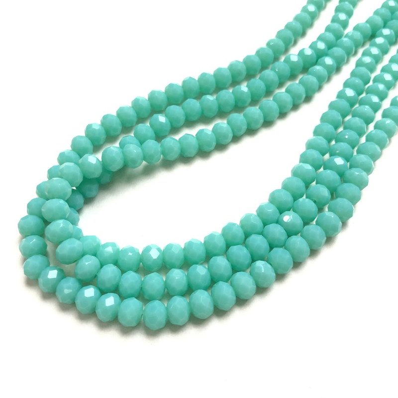 Czech Crystal beads on thread, light turquoise matte faceted rondelle, 6x4.5 mm, length 38-40 cm