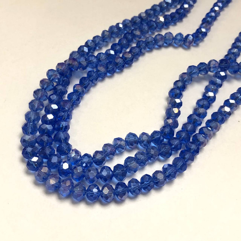 Czech Crystal Beads on Beading Thread, Blue Transparent with Gasoline Iridescence, Faceted Rondelle, Diameter 6×4.5 mm, Length 38-40 cm +