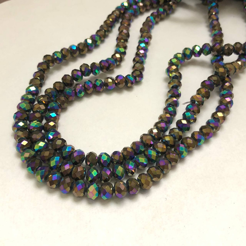 Czech Crystal Beads on Fishing Line with Gasoline Coating, Faceted Rondel, 6x4.5 mm, Length 38-40 cm