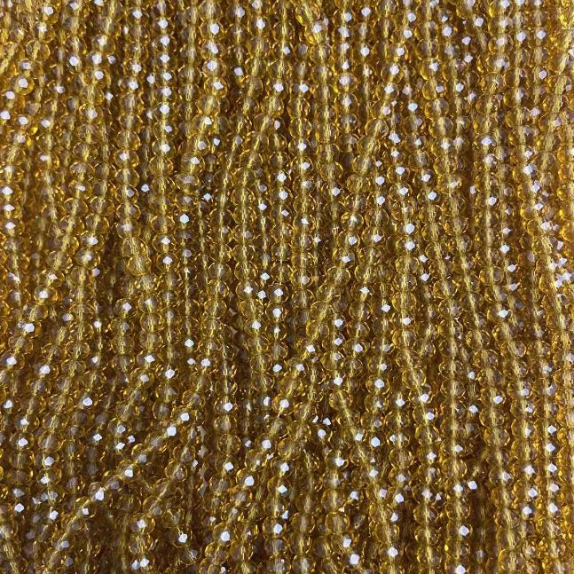Amber Transparent Czech Crystal Beads on Thread, Faceted Rondelle, Diameter 3.5×3 mm, Length 33 cm