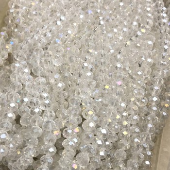 Beads Czech Crystal on beading thread, white transparent with petrol tint, faceted rondelle, diameter 6x4.5 mm, length 38-40 cm +