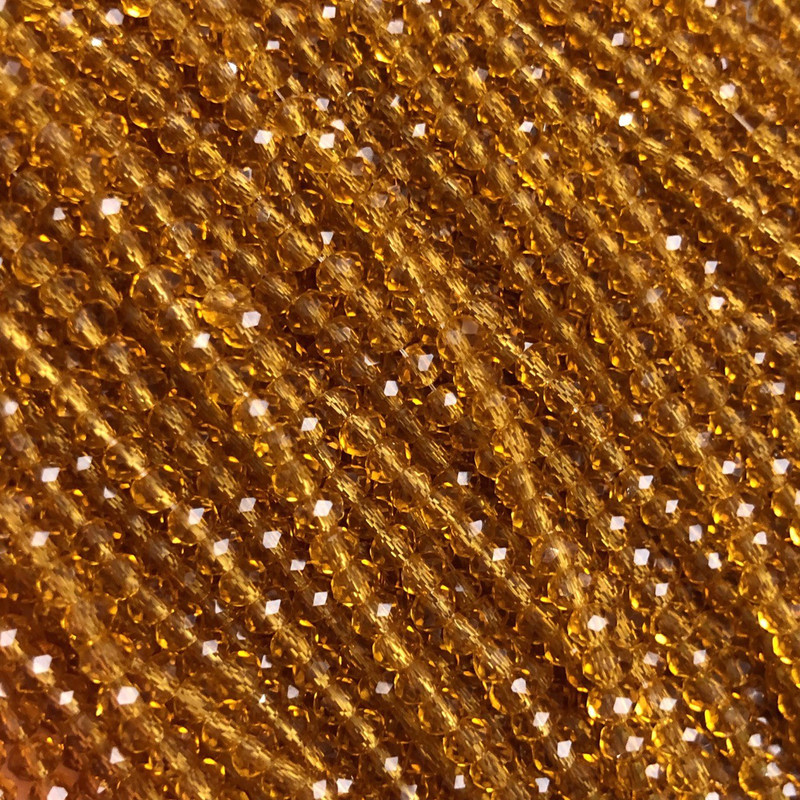 Czech Crystal Beads on Beading Thread, Dark Honey Yellow Transparent Faceted Rondelle, 3.5x3 mm diameter, length 36-38 cm +/-