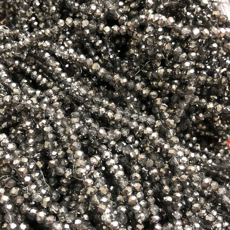 Beads Czech Crystal on fishing line assortment gray with plating, faceted rondel, diameter 3.5×3 mm + -, length 36-38 cm +