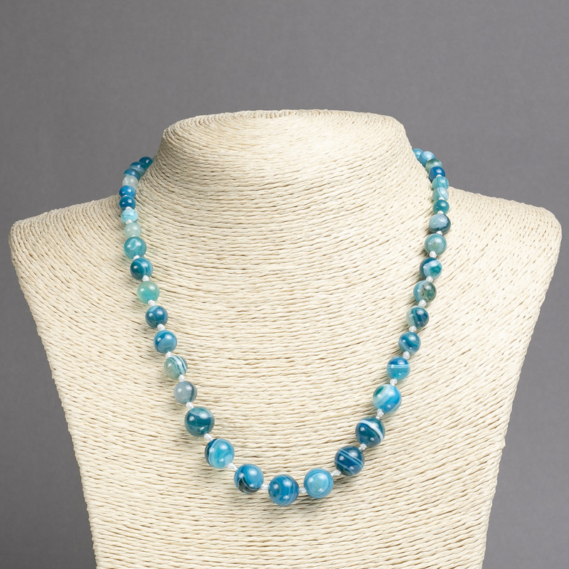 Natural eye agate necklace with blue smooth beads, graduated diameter 6-10(±)mm, length 45 cm+