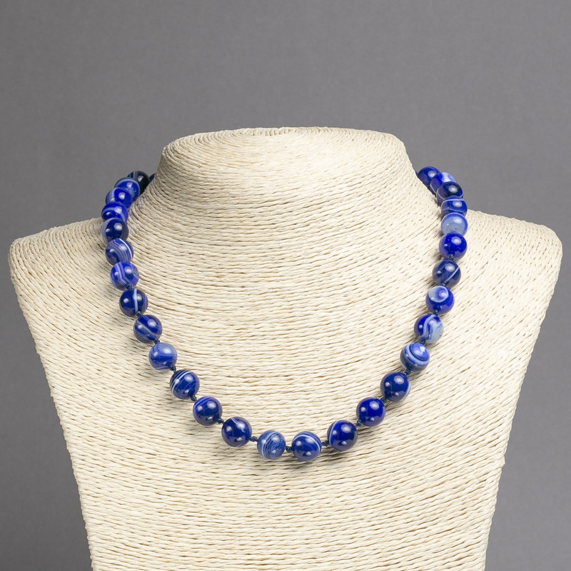 Natural blue eye agate necklace with smooth round beads, diameter 10 mm +/-, length 45 cm