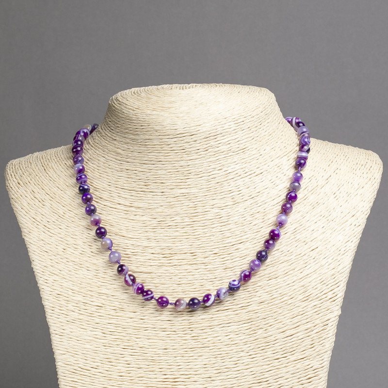 Necklace of natural stone Purple Agate smooth round beads, 6 mm diameter, length 45 cm