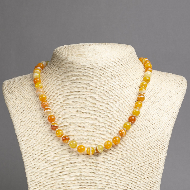 Bright orange agate necklace with smooth round beads, 8 mm diameter, 45 cm length