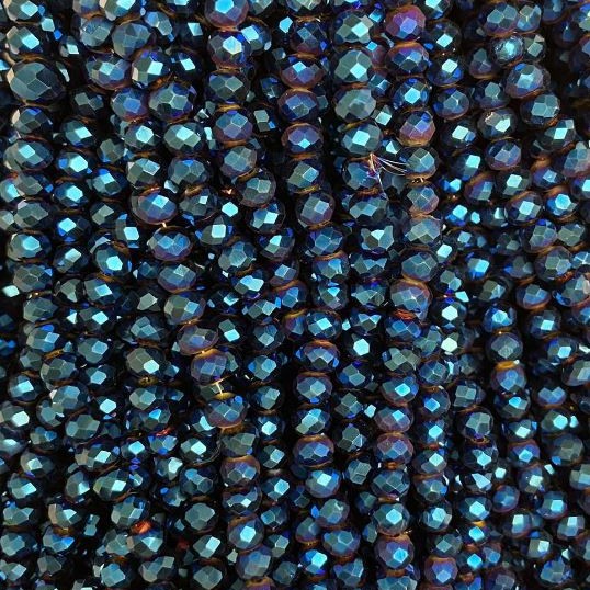 Beads Czech Crystal blue with gasoline coating, faceted rondel, diameter 6x5mm, length 40cm