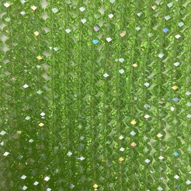 Beads Czech crystal on fishing line light-green transparent with petrol finish faceted rondelle, diameter 8x6.5 mm + -, length 40-4