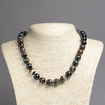 Natural banded brown agate necklace with smooth beads, 12 mm diameter, 45 cm length ±
