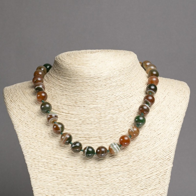 Natural Green Eye Agate Necklace with Smooth Beads, 12mm Diameter, 45cm Length