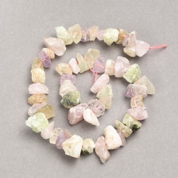 Beads on Thread, Raw Stone Assortment: Pink Quartz, Citrine, and Prehnite, drilled, diameter 13×8 mm, length 41 cm