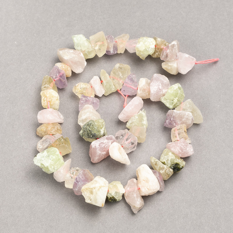 Beads on Thread, Raw Stone Assortment: Pink Quartz, Citrine, and Prehnite, drilled, diameter 13×8 mm, length 41 cm