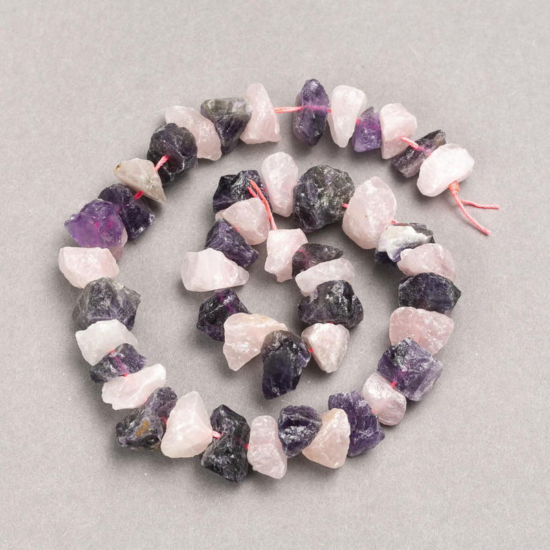 Beads on Thread, Rough Stones — Assorted Amethyst and Rose Quartz, Faceted, 13x8 mm (±), Length 41 cm